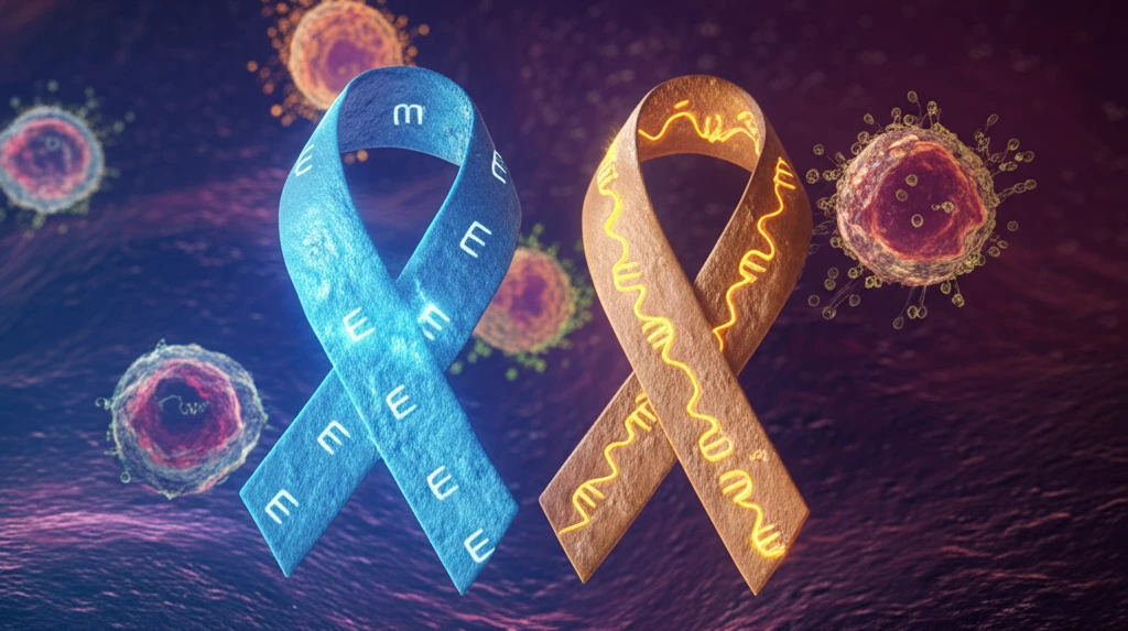 E-cadherin and vimentin ribbons intertwined, representing treatment response in cancer cells.