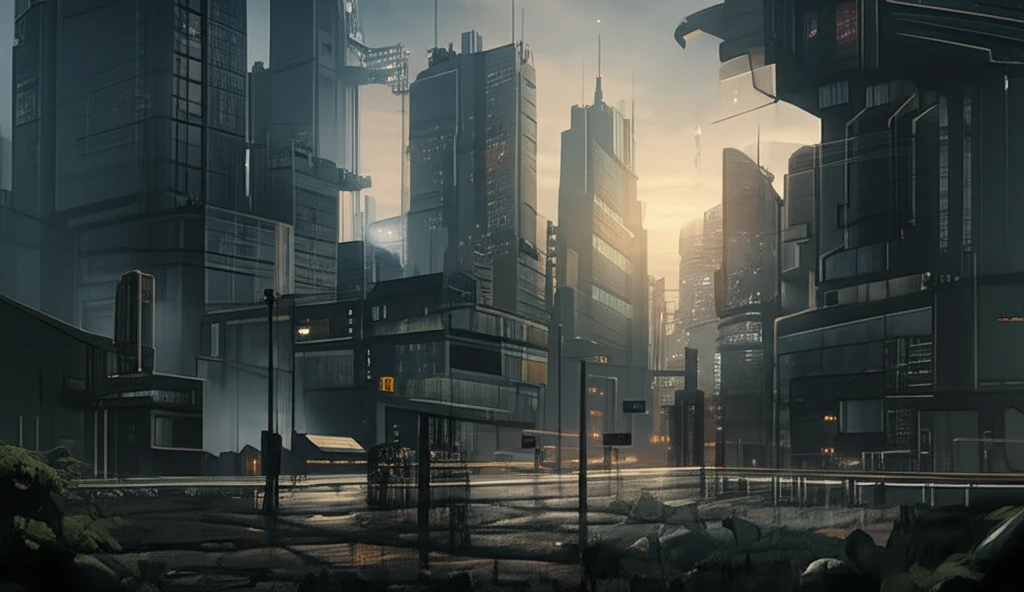 Futuristic city skyline featuring steel-plate concrete buildings.