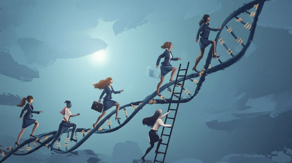 Female executives climbing a DNA-shaped corporate ladder.