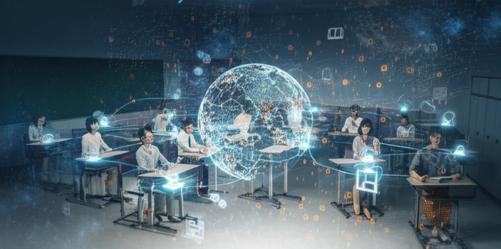 A digitally enhanced classroom scene with students connected through social network nodes.