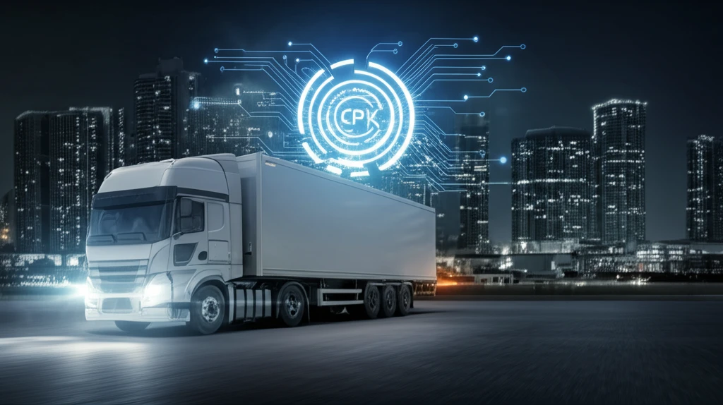 Refrigerated truck driving through a cityscape with a glowing Cpk symbol above it, symbolizing food safety and quality.