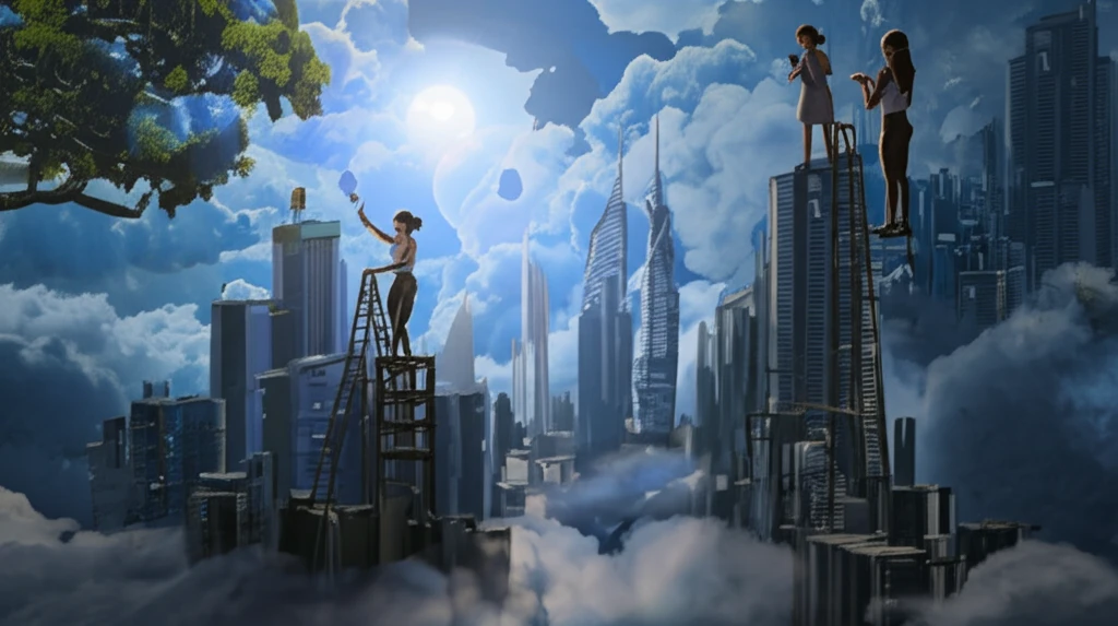 Surreal illustration of women building a city on clouds, representing feminist utopianism.