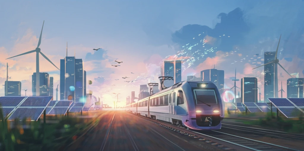 Electric train gliding through a futuristic cityscape, representing sustainable energy.