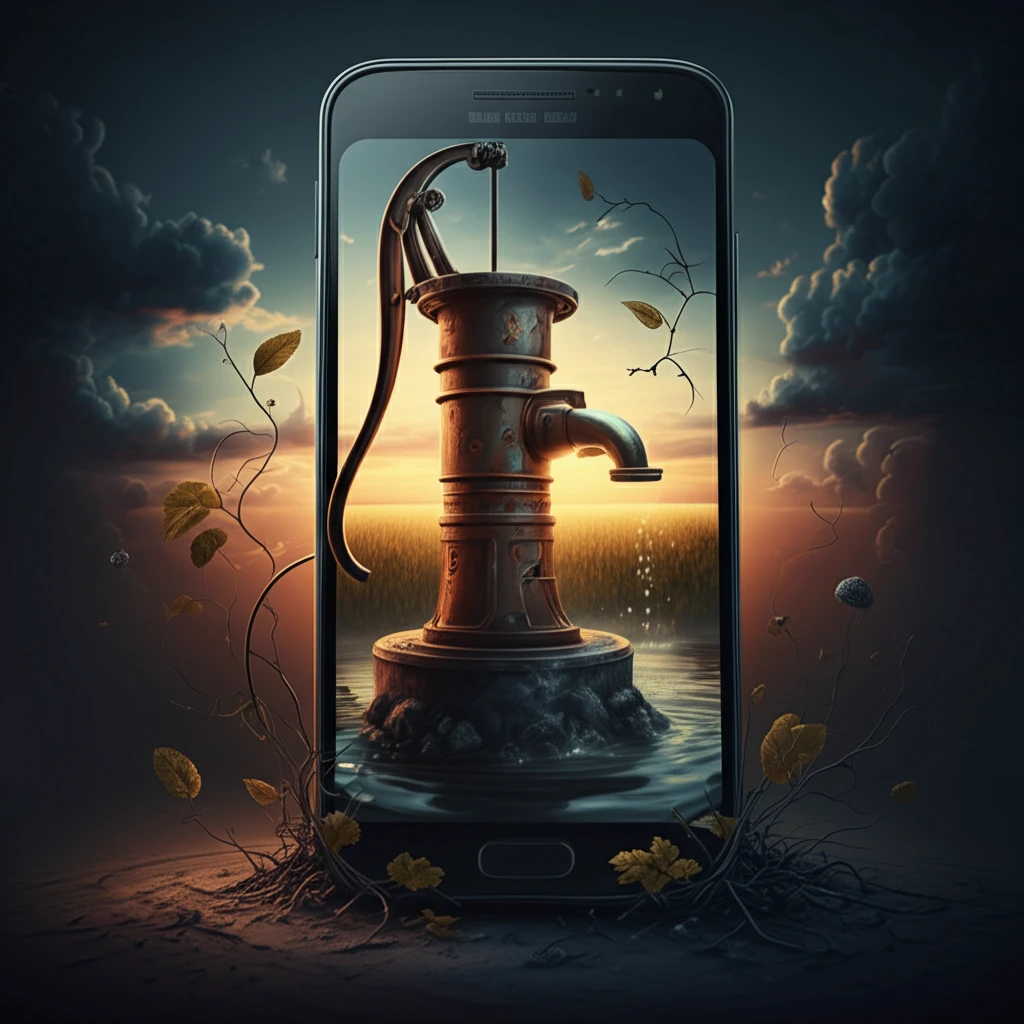Water pump merging with smartphone interface, representing tech innovation.