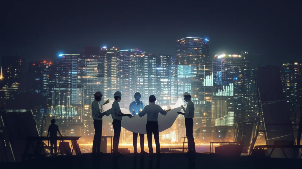 Engineers collaborating on blueprints in a futuristic city, symbolizing peer review and innovation.