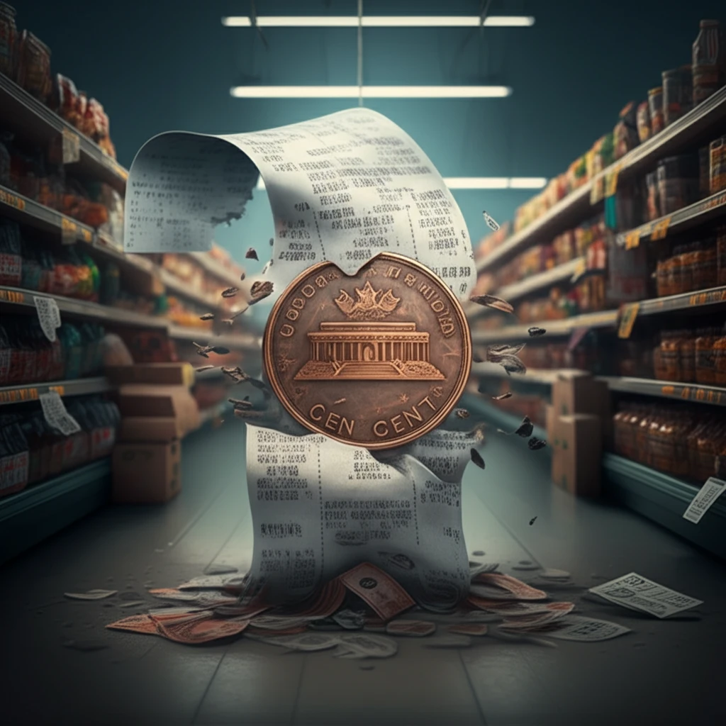A Canadian penny dissolving into a grocery store receipt, illustrating the hidden costs of rounding.