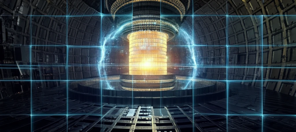 Nuclear reactor core with glowing energy shield and spatial discretization cells.