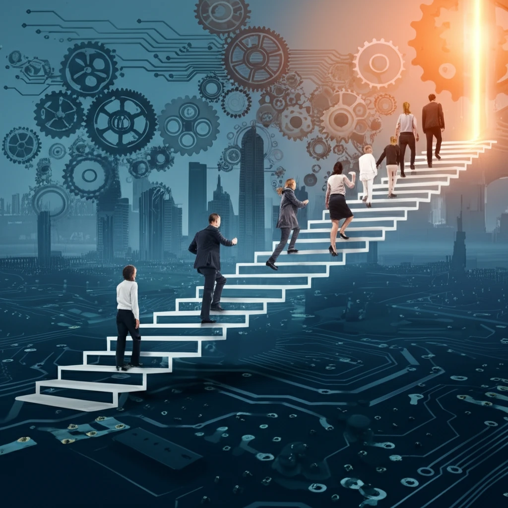 Diverse group climbing circuit board stairs to a city of opportunity