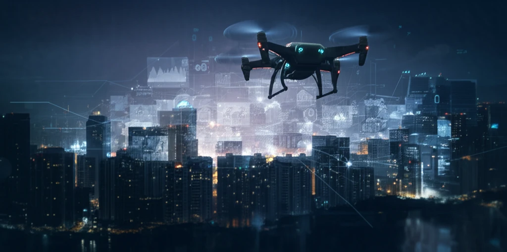 Futuristic drone navigating a cityscape with advanced control system overlay.