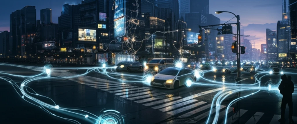 Futuristic city intersection with AI-guided traffic flow.