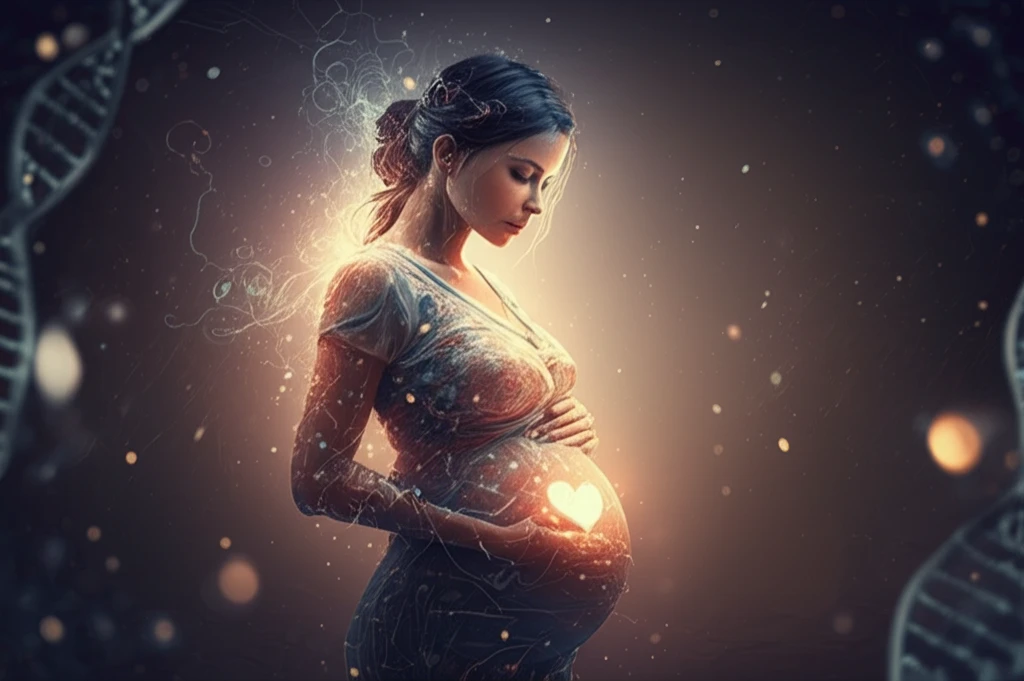 DNA strands forming a pregnant woman, symbolizing the genetic link to recurrent pregnancy loss