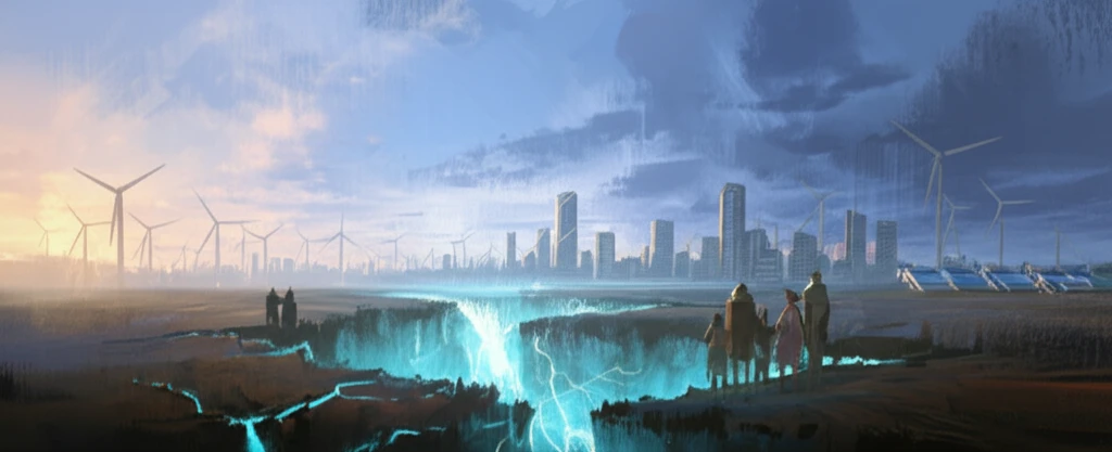 Surreal illustration of a cityscape with fault lines and geoenergy sources, balancing energy and seismic risk.