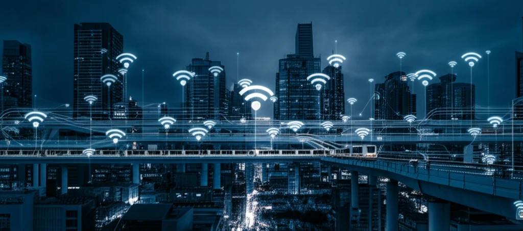 Futuristic city skyline with RFID-enabled public transportation