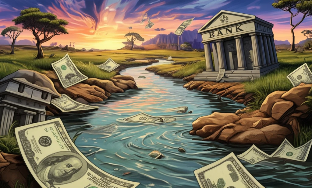 Surreal illustration of fluctuating money river impacting African banks.
