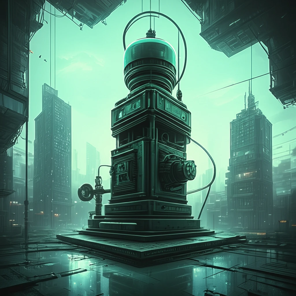 Futuristic pump integrated into a cityscape, symbolizing pump industry innovation.