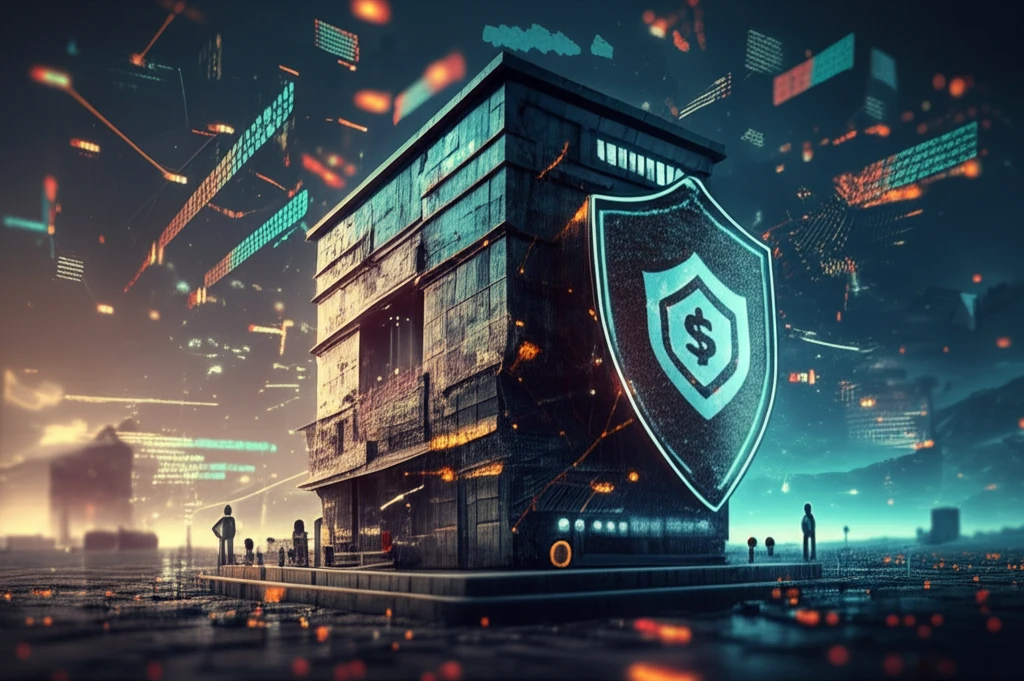 Illustration of an insurance building with interconnected investment nodes and data streams.