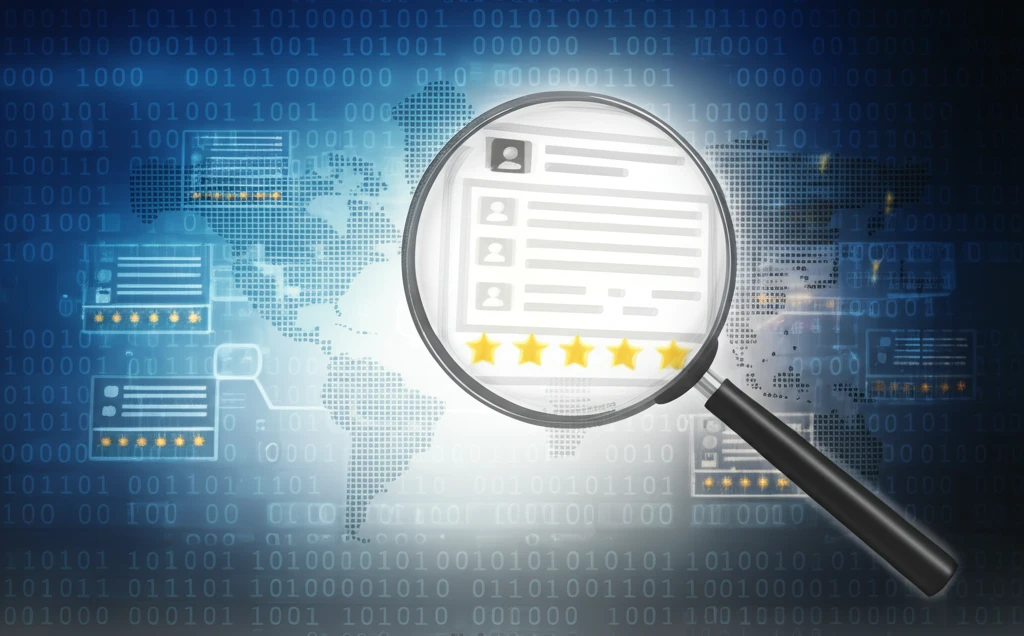 Magnifying glass reveals fake online reviews.