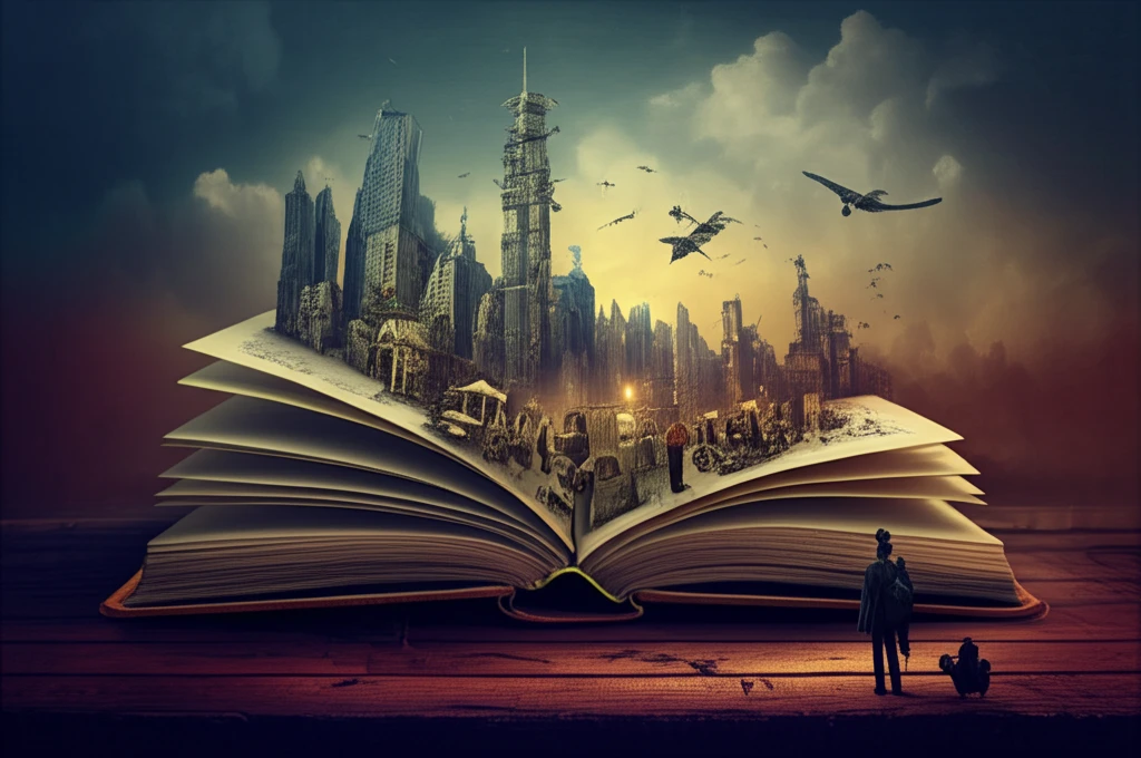 Historical scenes emerging from a book into a modern city.