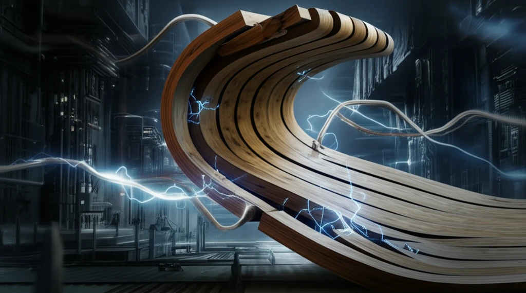 Wooden panel bending with energy lines symbolizing ductility.