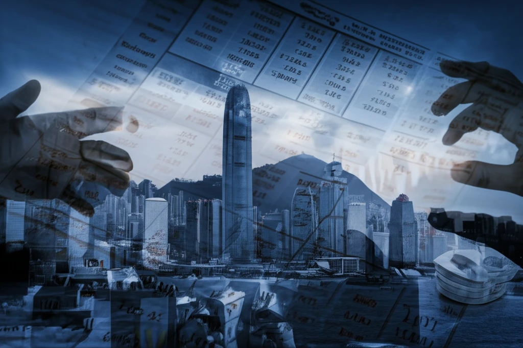 Hong Kong skyline merging with a historical financial ledger.