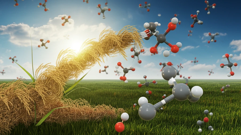 Rice straw transforming into ethanol fuel with ionic liquid molecules.