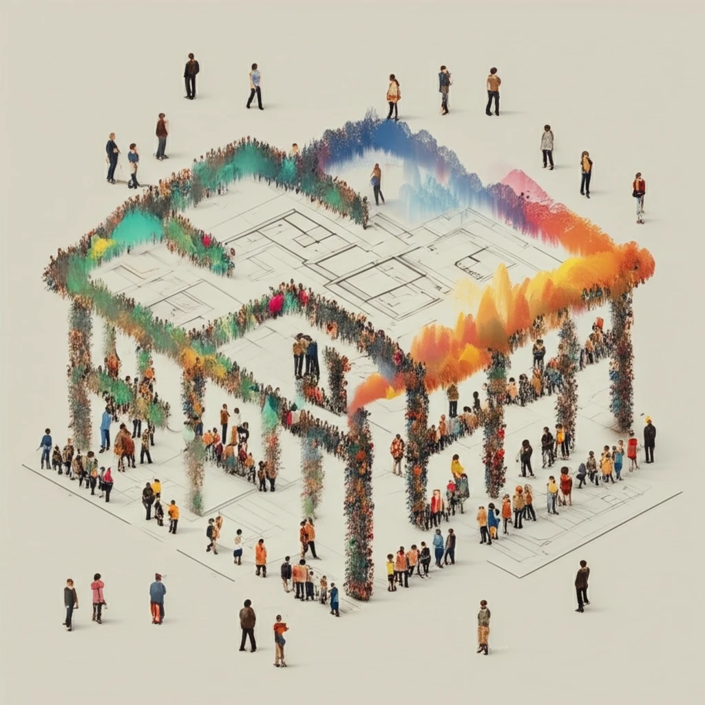 Diverse group shaping a building with their voices.