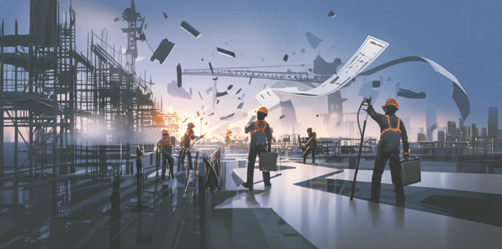 Surreal illustration of a construction site symbolizing overcoming obstacles to achieve project efficiency.