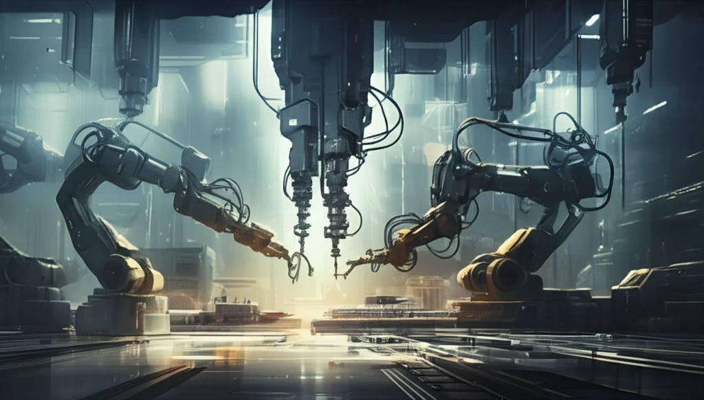 Futuristic factory featuring robotic arms utilizing hydrostatic bearings.