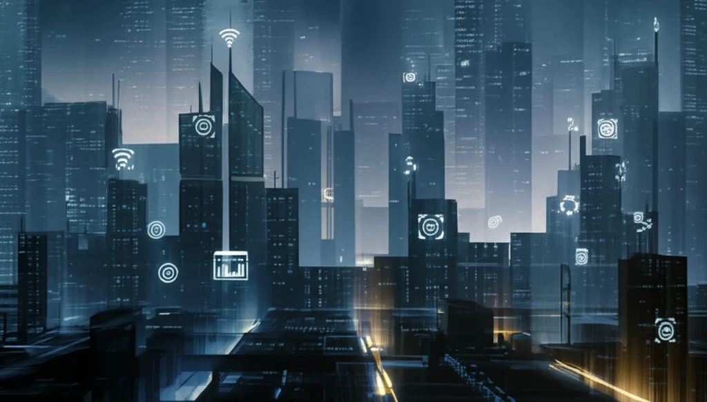 Futuristic city skyline featuring self-sensing concrete buildings.