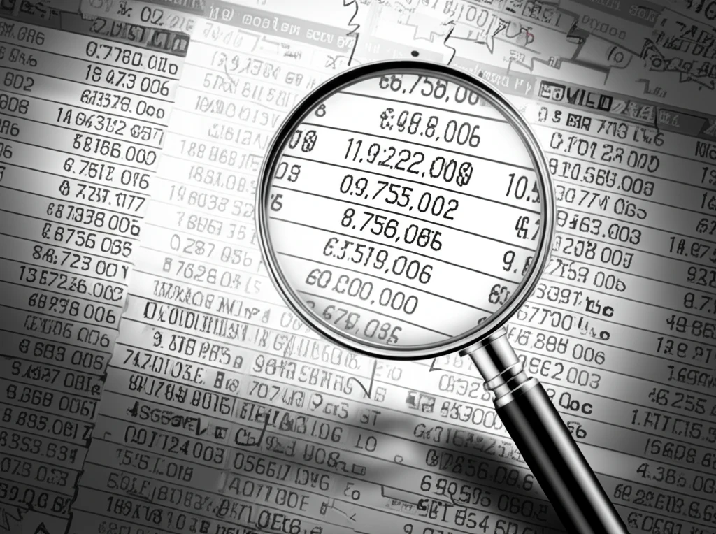 Magnifying glass over financial statements highlighting fraud inconsistencies