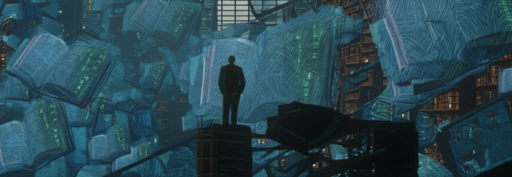 Surreal illustration of a library transforming into digital screens, representing Harold Innis's enduring influence on communication theory.