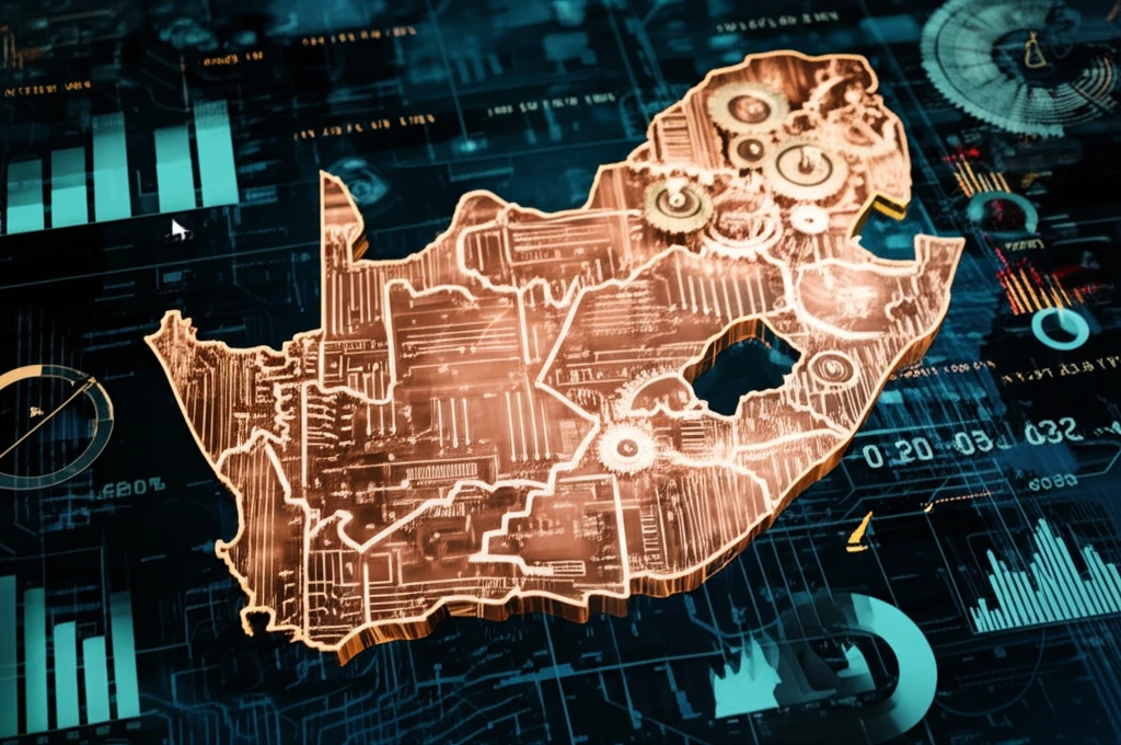 Interconnected gears forming South Africa, representing economic complexity.
