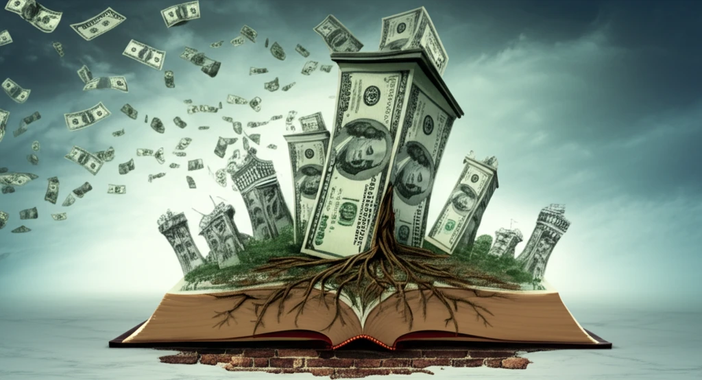 Surreal cityscape symbolizing institutional economics and wealth distribution