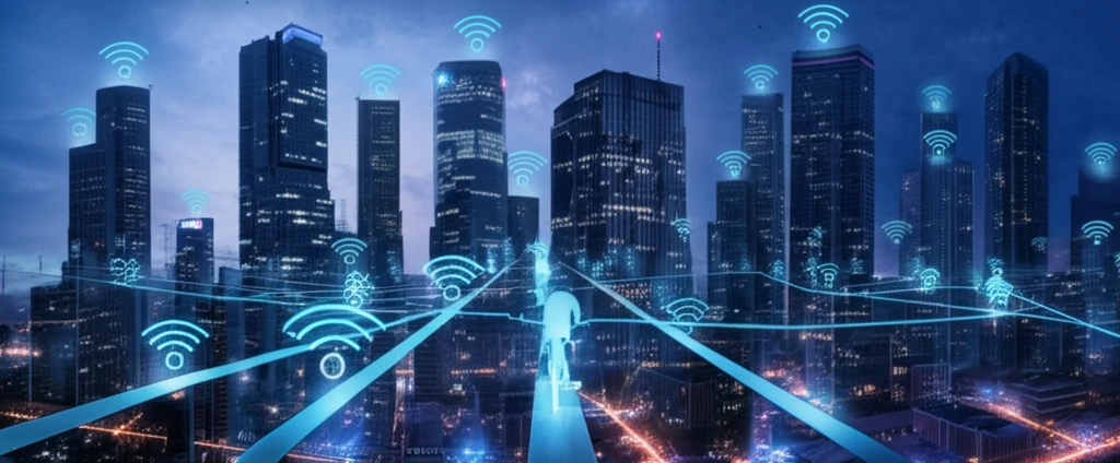 Smart bikes on city skyline