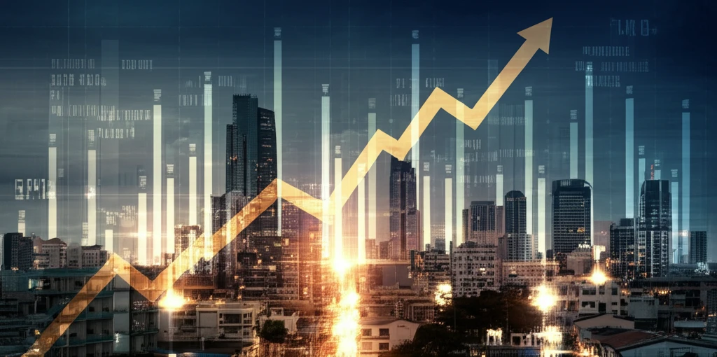 Ghanaian cityscape with stock chart overlay