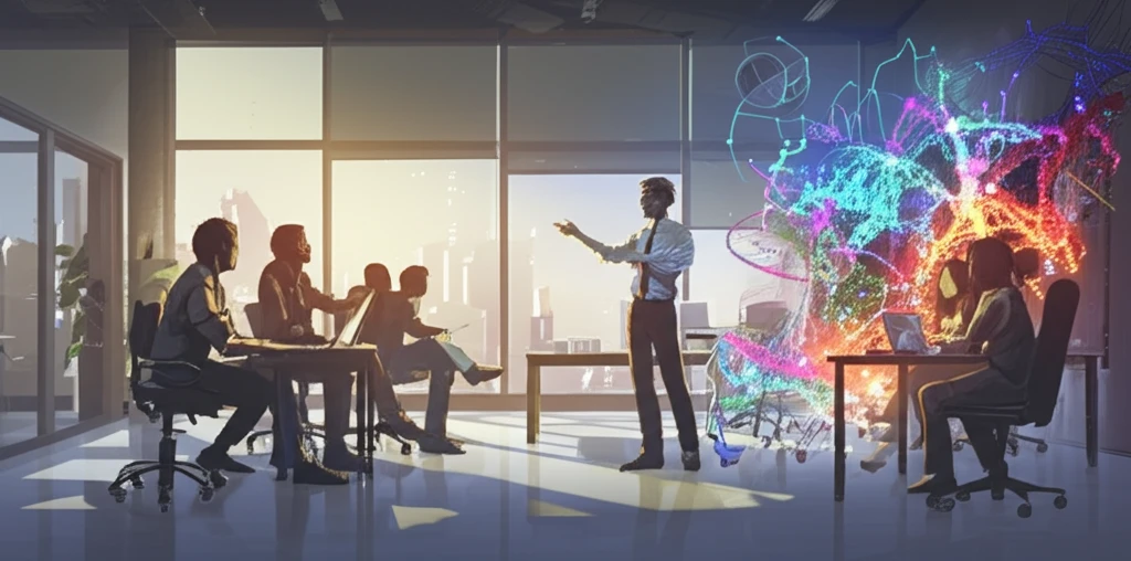 A lecturer facilitates a group of students in a vibrant learning environment.