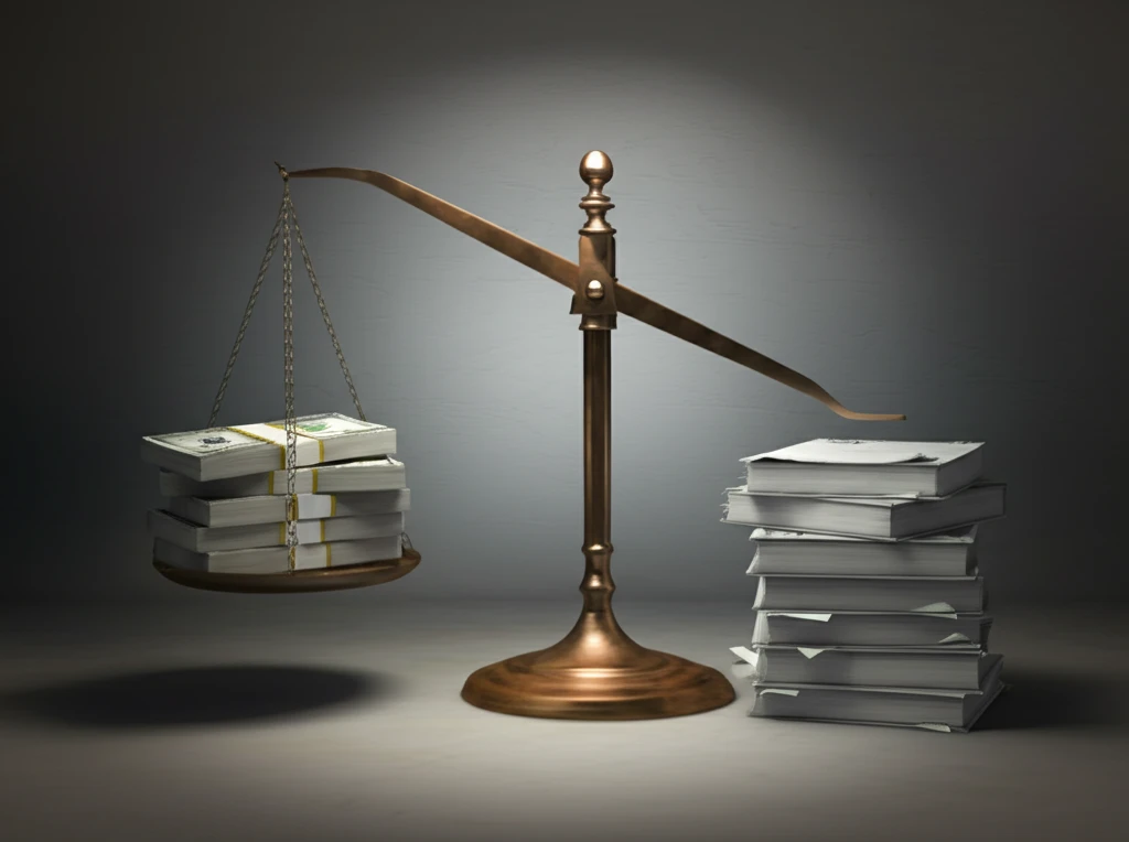Surreal illustration of skewed balance in economic research due to data bias.