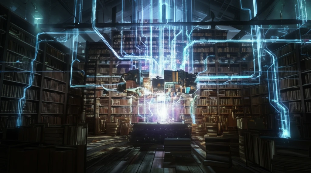 A surreal library filled with glowing data streams, symbolizing the illumination of dark knowledge.