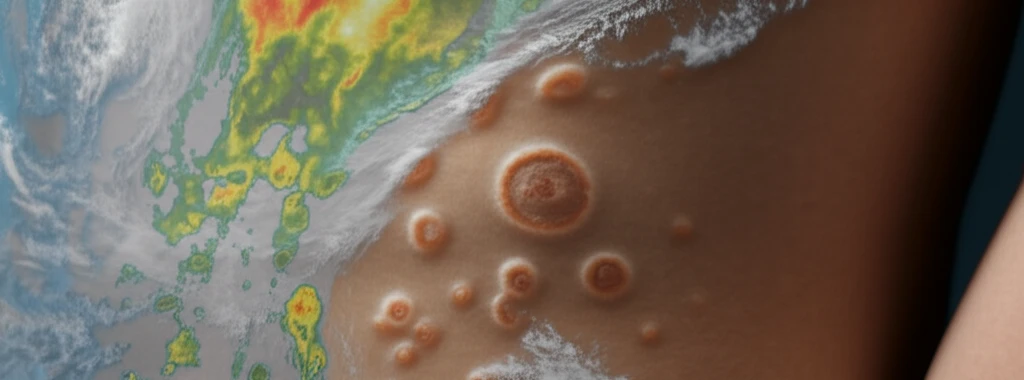 Weather map overlaid on skin, symbolizing bullous pemphigoid triggers.