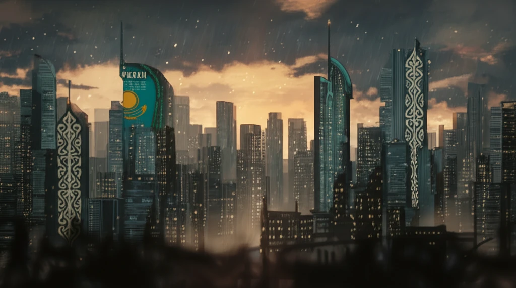 Futuristic Kazakh city skyline symbolizing digital transformation.