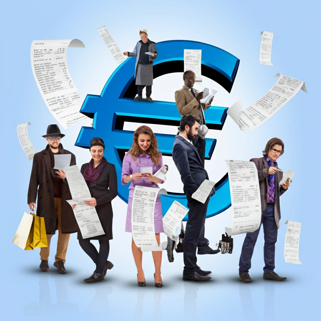 Diverse Europeans comparing receipts with a euro symbol, representing price convergence in the EU.