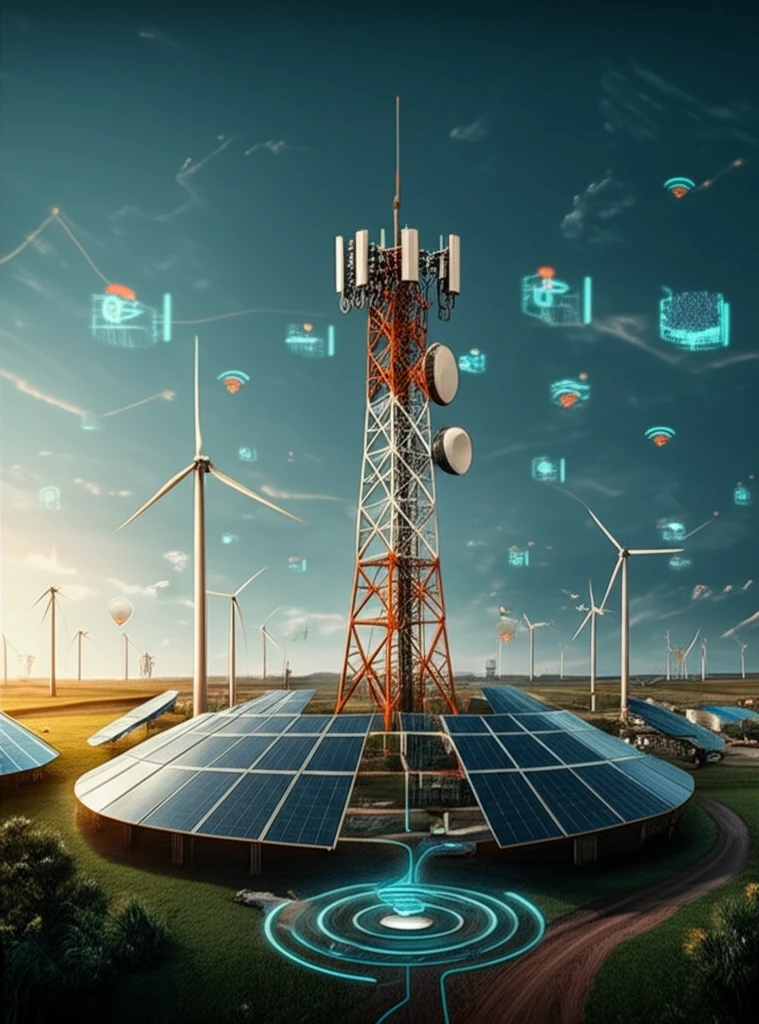 Sustainable Telecom Power: A rural telecom tower powered by a smart grid with solar and wind energy.