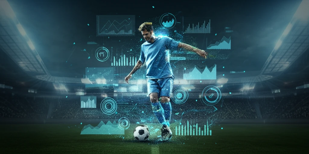 Digital illustration of a soccer player formed by data charts, symbolizing data-driven player valuation.