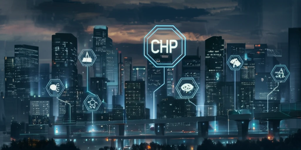 Futuristic city skyline with integrated CCHP system