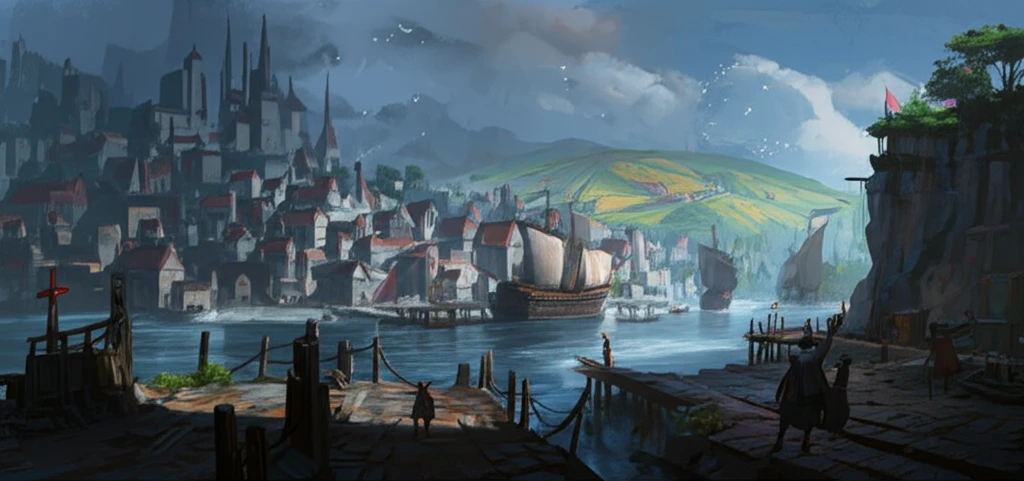 Bustling medieval port city of Boston with ships and farms in background.