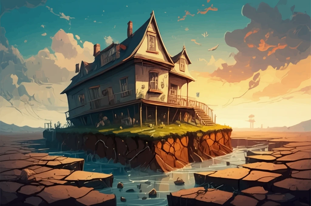 Illustration of a house sinking into cracked earth, representing the challenges of building on loess soil.