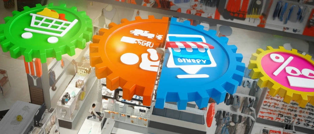 Interconnected gears symbolizing a dual-channel supply chain, with retail and online components.