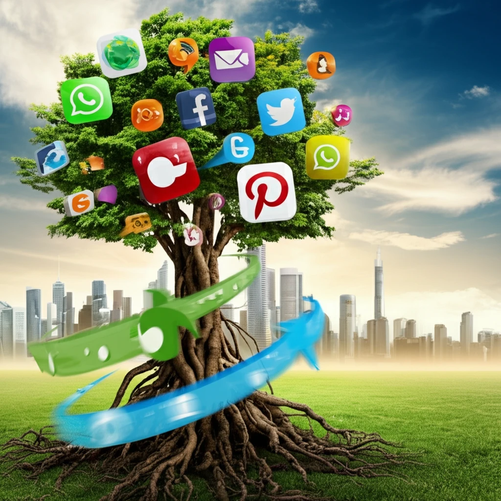 Company logo transforming into a green tree with social media icons swirling around, symbolizing CSR and digital communication.