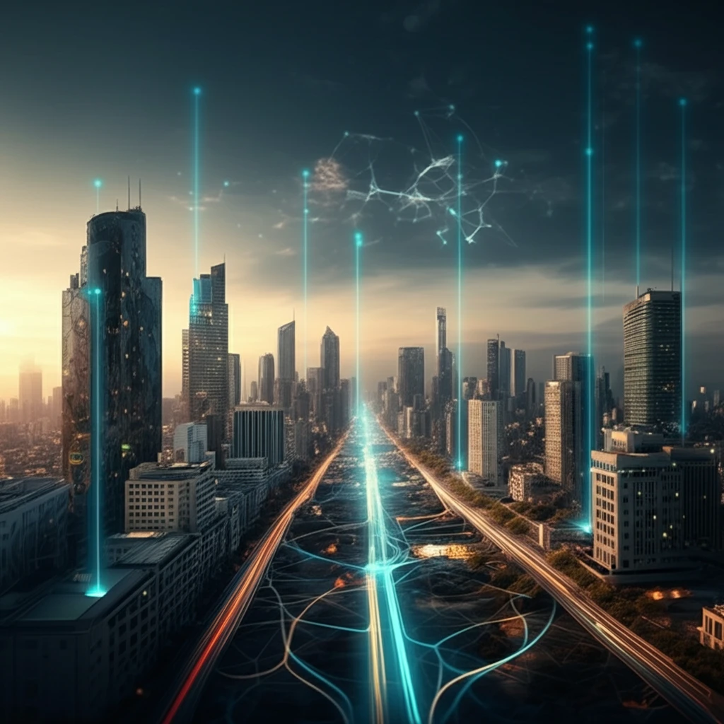 Interconnected neural network city skyline.