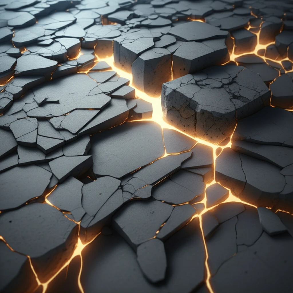 Surreal digital illustration of recycled aggregate concrete with glowing microcracks